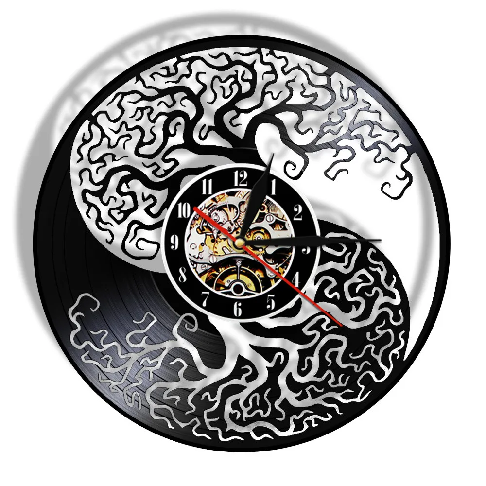 Yin ir Yang Yggdrasil Gyvybės Medis Vinilo Įrašas Sieninis Laikrodis Feng Shui Zen Sienos Žiūrėti Taijitu Pusiausvyros Simbolis, Dvasinio LED Šviesos