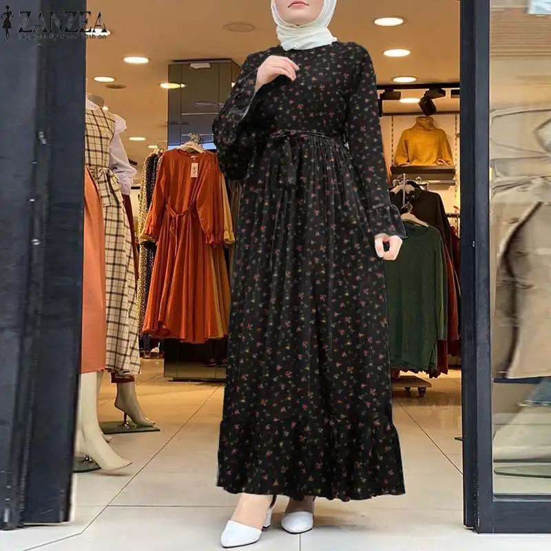 ZANZEA Derliaus Moterų Dubajus Turkija Abaja Suknelė, Hijab Islamo Drabužius ilgomis Rankovėmis Raukiniai Sundress Skraiste Gėlių Spausdinti Maxi Suknelė