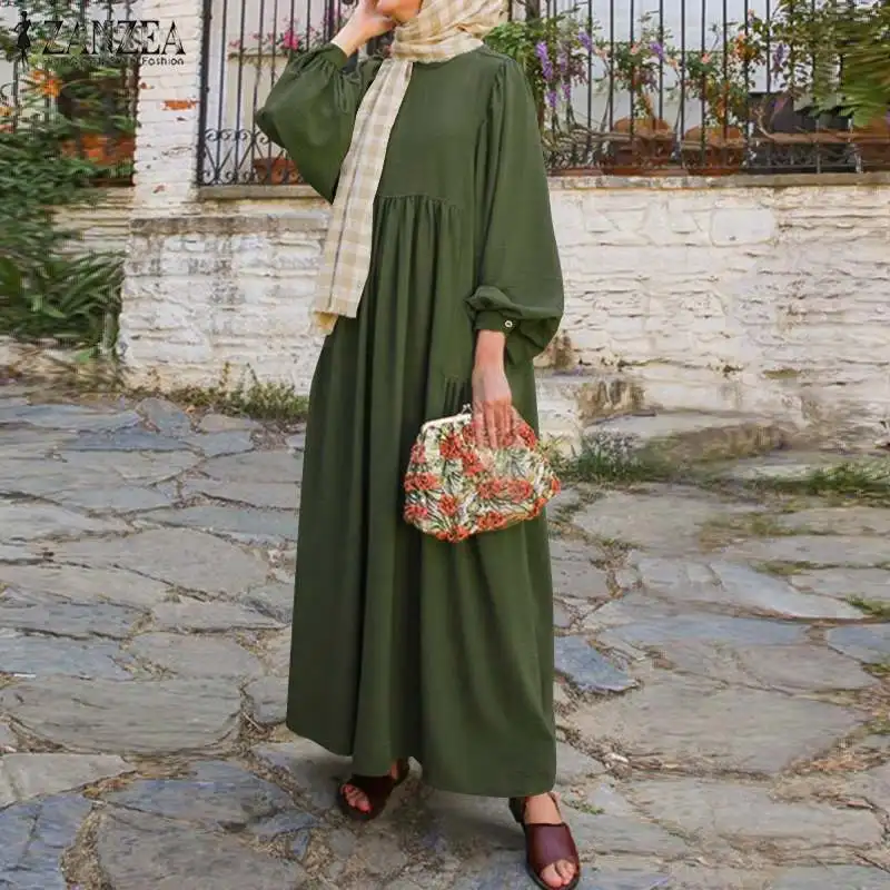 ZANZEA Retro Abaja Turkija Hijab Suknelė Moterims Ilgio Sluoksniuotos Rankovėmis Dubajus Sundress Skraiste Musulmonų Suknelė Atsitiktinis, Kietas Islamo Apranga