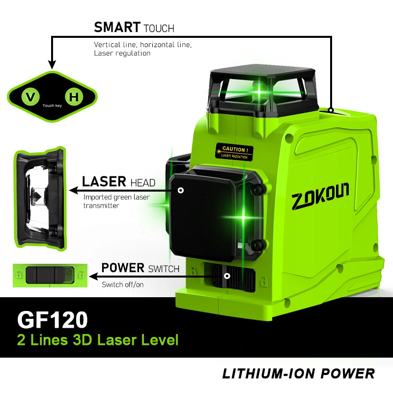 ZOKOUN GF120 3D vokietijos Markės Modulis Žalia Linija Lazerio Lygio 5200mah Baterija, Nuotolinio Valdymo Horizontalusis ir Vertikalusis Matavimo Įrankis