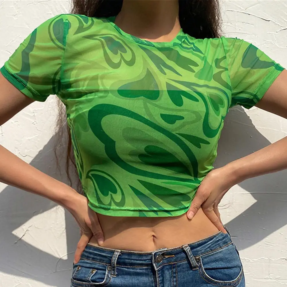 Žalioji Širdies Spausdinti Matyti Per Tinklinio Vasaros korėjos Mados Y2K moteriški Marškinėliai Seksuali Pasėlių Viršuje Prigludusi prie kūno Camisole 2021