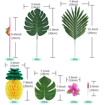 107 Vnt Atogrąžų Šalis Dekoro Rinkinys su Havajų Stalo Sijonas Palmių Lapų Havajų Gėlės Audinių Ananasų Skėčiai ir 3D F