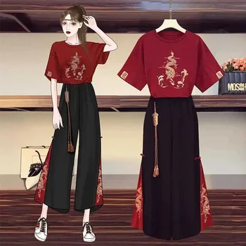 2-dalių Rinkinys Moterims Harajuku Tee Viršūnes Kinų Stiliaus Atsitiktinis Negabaritinių Marškinėliai Plati Koja Kelnės Kostiumas Naujas Vasaros Drabužių Plius Dydis 5XL