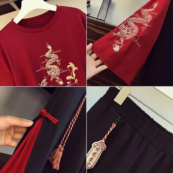 2-dalių Rinkinys Moterims Harajuku Tee Viršūnes Kinų Stiliaus Atsitiktinis Negabaritinių Marškinėliai Plati Koja Kelnės Kostiumas Naujas Vasaros Drabužių Plius Dydis 5XL