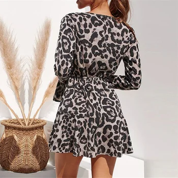 2020 metų Vasaros Šifono Suknelė Moterims Leopardas Spausdinti Boho Paplūdimio Suknelės Atsitiktinis Pynimas ilgomis Rankovėmis-line Mini Šalis Suknelė Vestidos