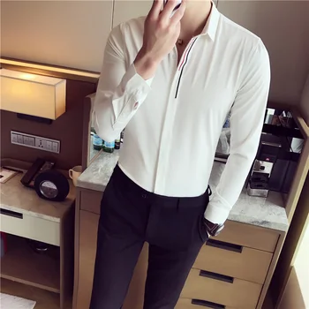 2021 Bohemijos stiliaus vyriški pavasario Atsitiktinis ilgomis rankovėmis marškinėliai/Vyrų slim fit atvartas Verslo marškinėliai Juoda balta, Plius dydis S-5XL