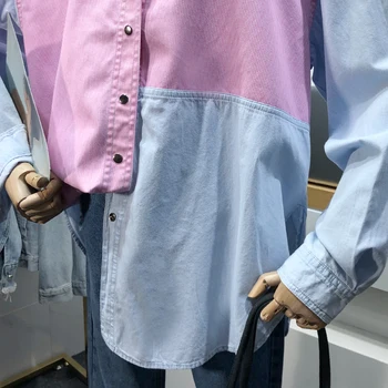 2021 M. Pavasarį Naujas Korėjos Mados Siūlėmis Kontrasto Spalvų Atvartas Ilgomis Rankovėmis Marškinėliai Moterims Prarasti Atsitiktinis Didelio Dydžio Blusas Ponios Viršūnės
