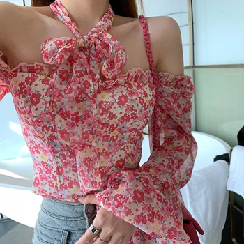2021 M. Pavasarį, Vasarą Naujasis Prancūzijos Stilius Derliaus Gėlių Šifono Ponios Blusas Lankas Honkongo Stiliaus, Elegantiškos Moterys Viršų Mados Sweet Shirt
