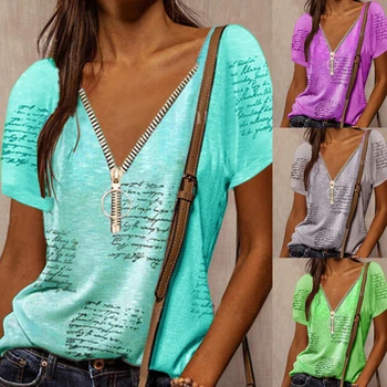 2021 M. Vasarą Moterys T-Shirt Mados Miesto Laisvalaikio Naujas Prarasti Užtrauktukas Megztinis V-Kaklo Spausdinimo Trumparankoviai Viršų