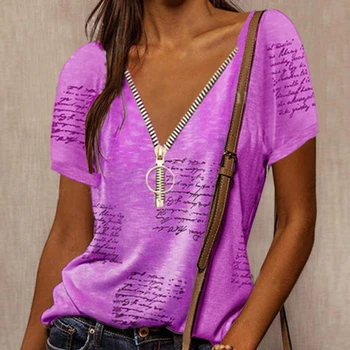 2021 M. Vasarą Moterys T-Shirt Mados Miesto Laisvalaikio Naujas Prarasti Užtrauktukas Megztinis V-Kaklo Spausdinimo Trumparankoviai Viršų