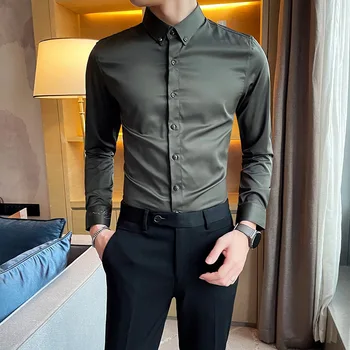 2021 naujas vyrų aukštos klasės prekės ženklo mados verslo atsitiktinis vientisos spalvos manžetai siuvinėjimo ilgomis rankovėmis shirt mens slim suknelė marškinėliai, S-5XL