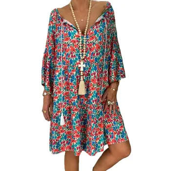 2021 Plius Dydis Vasaros Moterų Boho Gėlių ilgomis Rankovėmis Suknelė Holiday Beach Marškinėliai Suknelė Ponios Spausdinti Mini Suknelė Plius Dydis S-5XL