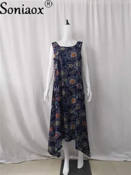 2021 Vasaros Mados Bohemijos Spausdinimo Moterų Suknelė Atsitiktinis Palaidų O Kaklo Vidurio Juosmeniu be Rankovių Ponios Paplūdimio Ilgos Suknelės, Plius Dydis