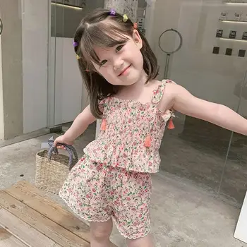 2021 vasaros mergaitės gėlių palaidinė, šortai kombinezonas kūdikiui užsienio stiliaus camisole kelnes dviejų dalių tendencija P4349