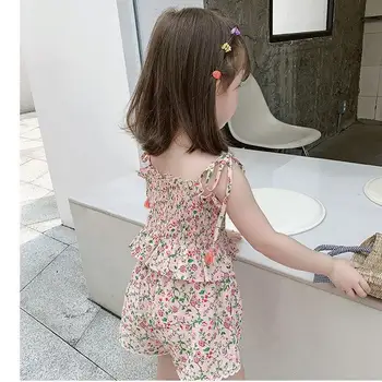2021 vasaros mergaitės gėlių palaidinė, šortai kombinezonas kūdikiui užsienio stiliaus camisole kelnes dviejų dalių tendencija P4349