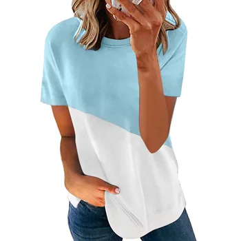 2021Summer moterų Įgulos kaklo T-shirt populiarus spalvų kontrastas spausdinimo raundo kaklo trumpomis rankovėmis marškinėliai T-shirt moterims, lengva Didelis dydis