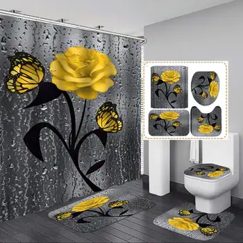 3D Drugelis Pakilo Dekoracijos Vandeniui Dušo Užuolaidos Vonios kambarys Kraštovaizdžio Medžių, Gėlių Vonios Kilimėlis Nustatyti Pjedestalo Kilimas Dangčio Tualeto Dangtis