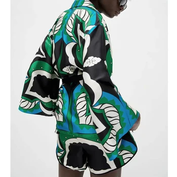 3pcs ZA Moterų Atspausdinta Marškinėliai +Trumpas +Ziajać Nustatyti 2021 Bermudai Lankas Palaidinės Vasaros Moterų Paplūdimio Viršūnes Atsitiktinis Pasukite Žemyn Apykaklės Marškinėliai