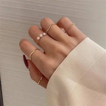 5 Vnt/Set Moterų Mados Korėjos Stilius Paprastas Žiedas, Nustatyti Tendenciją, Asmenybės Pearl Daugiasluoksnių Metalo Žiedas, Papuošalų Rinkiniai