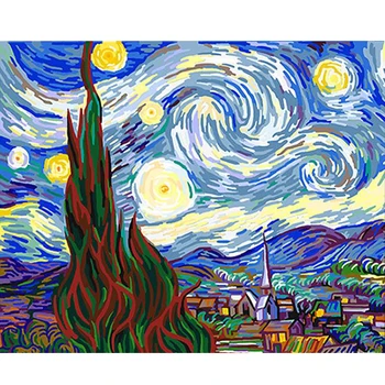 Akrilo Dažais Pagal Skaičių Rinkiniai Amatų Suaugusiems Naftos Tapyba Ant Drobės Namų Dekoro Vaizdas Į Žvaigždėtą Naktį, Vincent Van Gogh