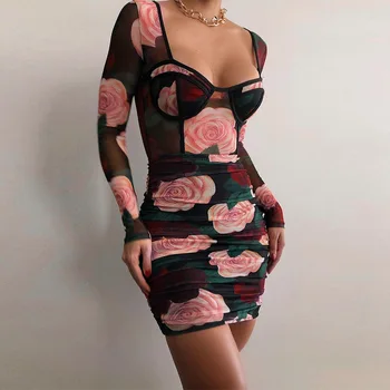 Angelai Paslaptis 2020 Aikštėje Kaklas Ilgas Sijonas Kratinys Gėlių Spausdinti Tinklelio Mini Suknelės Rudenį Moterų Mados Seksualus Leotard AG30455