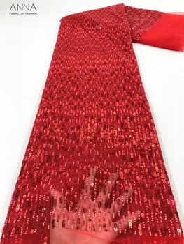 Anna raudona prancūzijos tiulio nėrinių blizgančiais audinys siuvinėjimui su virvele karoliukai afrikos ju nėrinių nigerijos audinio 5 metrų/vnt už suknelę
