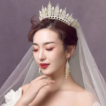 Baroko Bridal Crown Tiara ir Auskarai Rinkinį Nuotaka Plaukų Aksesuarai Vestuvių Princesė Diadem Vinjetė Galvos Papuošalai, Aukso Lankelis