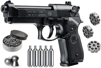 Beretta M92FS Blowback Oro Pistoletas su 5x12 CO2 Tankai ir Pakuotės 500ct Švino Granulės Pluoštas (Juoda+Mag+Priedai) Metalinės sienos ženklas