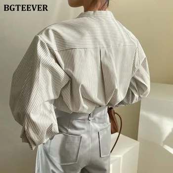 BGTEEVER Atsitiktinis Chic Mygtukai Moterų Dryžuotas Marškiniai, Palaidinės, 2021 M. Pavasarį Blusas Femme ilgomis Rankovėmis Kišenę Laisvus Moterų Marškinėliai Topai