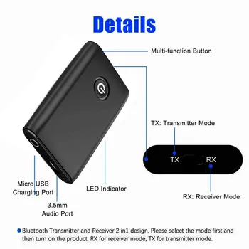 Bluetooth 5.0 Siųstuvas ir Imtuvas 2-in-1 Bevielis Audio 3.5 mm Aux Adapteris 