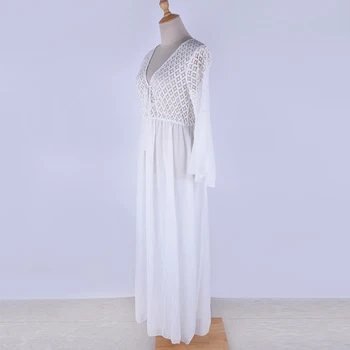 Boho Tuščiaviduriai Iš Nėrinių Maxi Dress Paris Mergina Ilgai Blyksnius Rankovėmis V-Kaklo Balta Paplūdimio Cover Up Moterų Kratinys Balto Šifono Paplūdimio