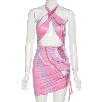 Criss Cross Apynasrio Raišteliu Bodycon Mini Suknelė Moterims Backless Šalies Vidurnakčio Clubwear Drabužius Lady Iškirpti Ruched Suknelės 2021