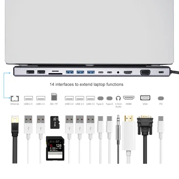 DeepFox C Tipo Hub USB C Dual HDMI VGA, Lan, USB 3.0 Prievadus, SD/TF Kortelių Skaitytuvas USB-C Centru 