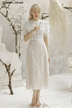 Derliaus Balta Nėrinių Suknelė Moteris kilimo ir tūpimo Tako Projektavimo O-kaklo, Trumpas rankovėmis Bodycon Suknelės Moteris Aukštos Juosmens Šalis Suknelė Vasarai