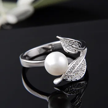 DOYUBO Reguliuojamo Dydžio 925 Sterling Silver Pearl Ring Moterų Dvigubai Lapų Formos Apvalios, Imituojant Pearl Žiedai, Papuošalai VB286