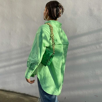 Elegantiški Žaliai Mygtukus Aukštyn Palaidinė Shit Negabaritinių Marškinėliai Moterims 2021 Kietas Stilius Atostogų Mados Marškinėliai Moteriška Ilgai Viršų