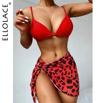 Ellolace Mažas Juosmens Moterų maudymosi kostiumėlį Red Leopard Bikini Komplektas su Prijuostė Moterų Maudymosi Kostiumų Kamšalu Maudymosi kostiumai Seksualus Micro Bikini