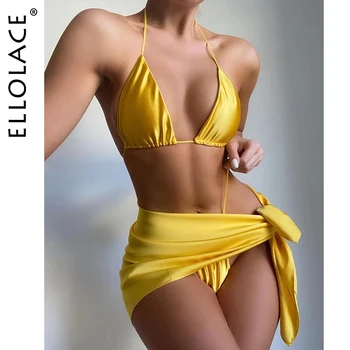 Ellolace Seksualus Moterų maudymosi kostiumėlį, Šilko Imitacijos maudymosi Kostiumėliai, Micro Bikini Komplektas su Prijuostė 3 dalių Komplektas Micro Bikini Atskiras maudymosi kostiumėlis