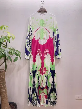 Europa pavasario 2021 kilimo Mados moterų Aukštos kokybės spausdinimo ilgomis rankovėmis, plisuotos suknelė B684