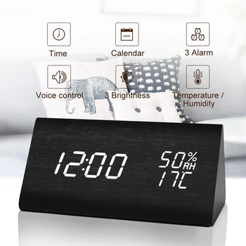FiBiSonic Modernus Skaitmeninis LED Laikrodis Garso Valdymo Medinis Stalinis Laikrodis Drėgmės, Temperatūros Ekranas Gali Įkrovimas