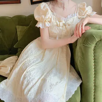 Geltona Kawaii Elegantiška Suknelė Moterims Saldus Korėjos Princesė Lolita Dress Moterų Atsitiktinis Sluoksniuotos Rankovėmis Nėrinių Šalis Suknelė Vasaros 2021