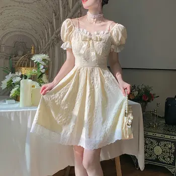 Geltona Kawaii Elegantiška Suknelė Moterims Saldus Korėjos Princesė Lolita Dress Moterų Atsitiktinis Sluoksniuotos Rankovėmis Nėrinių Šalis Suknelė Vasaros 2021