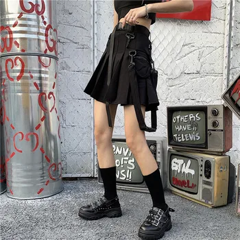 Gothic punk aukšto juosmens Derliaus naują atsitiktinis mados moterų kišenėje vasaros hip-hop Harajuku-Line Krovinių Paprasto klostuotas sijonas
