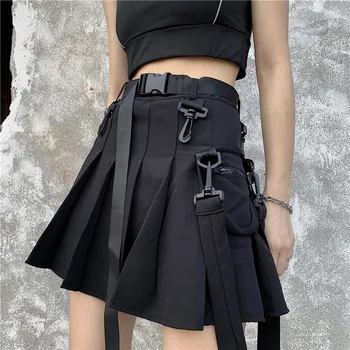 Gothic punk aukšto juosmens Derliaus naują atsitiktinis mados moterų kišenėje vasaros hip-hop Harajuku-Line Krovinių Paprasto klostuotas sijonas