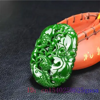 Green Jade Lotus Pakabukas Karpis Raižyti Amuletas Karoliai Natūrali Žuvų Žavesio Moterų Kinijos Papuošalai Dovanos Mados dvipusis