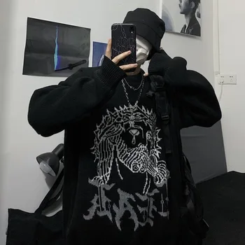 Harajuku Džemperis Moterims Žmogus Punk Streetwear Žakardiniai, Spausdinti Megzti Megztinis Korėjos Mados Traukti Jumper Unisex Rudenį 2021
