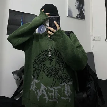 Harajuku Džemperis Moterims Žmogus Punk Streetwear Žakardiniai, Spausdinti Megzti Megztinis Korėjos Mados Traukti Jumper Unisex Rudenį 2021