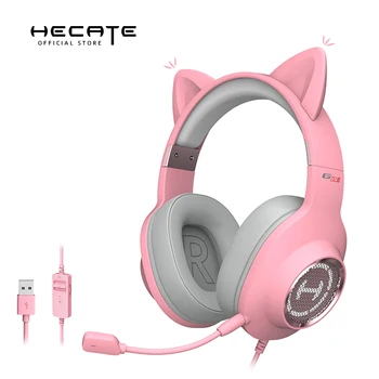 HECATE G2II Rožinė Žaidimų Ausinės Kačių Ausų Ausines 7.1 Virtual Surround Garso EDIFIER,RGB Šviesos,Electret Mikrofonas,Mergaitėms