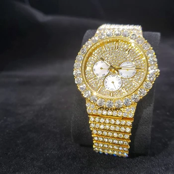 Hip-Hop MISSFOX Naujas Aukso laikrodis Vyrams, Chronograph Didelių Deimantų, Mens Watches Top Brand Prabanga Vandeniui Lediniame Iš Vyrų Kvarco Žiūrėti