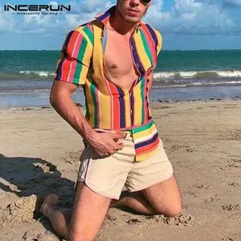 INCERUN Vyrų Laisvalaikio Spalvinga Dryžuotas Marškinėliai 2021 Mados Trumpas Rankovės Atvartas Palaidinė Vasaros Havajų Vyras Atsitiktinis Mygtuką Camisa 5XL